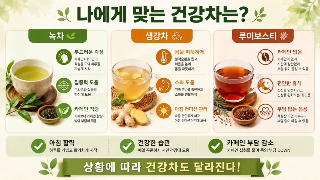 내게 맞는 건강차 녹차 생강차 루이보스티