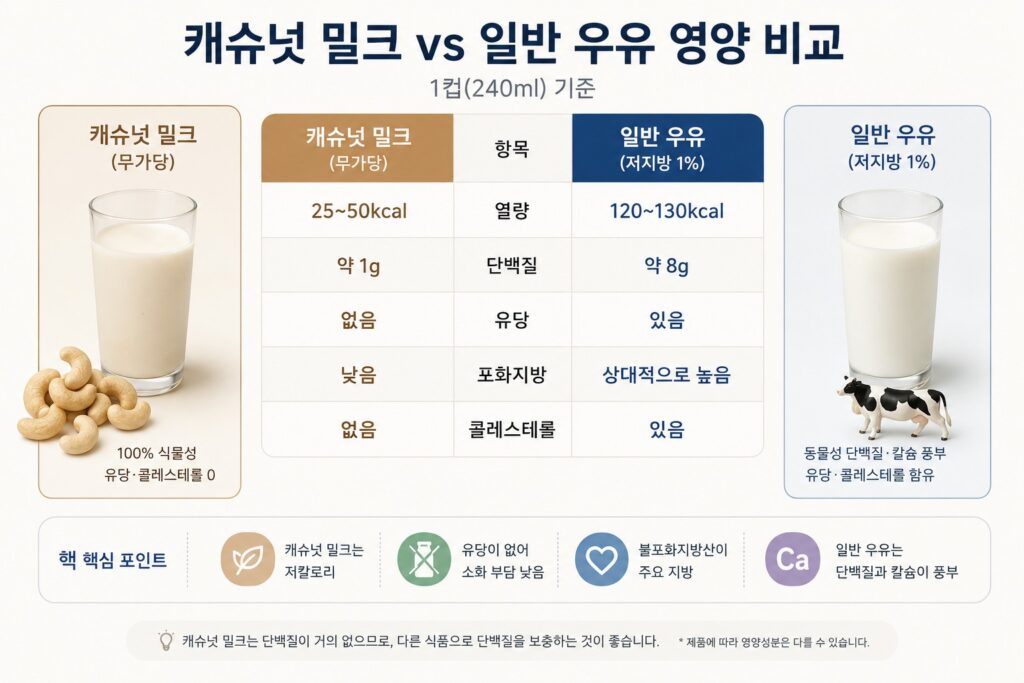 캐슈넛 밀크와 일반 우유 비교